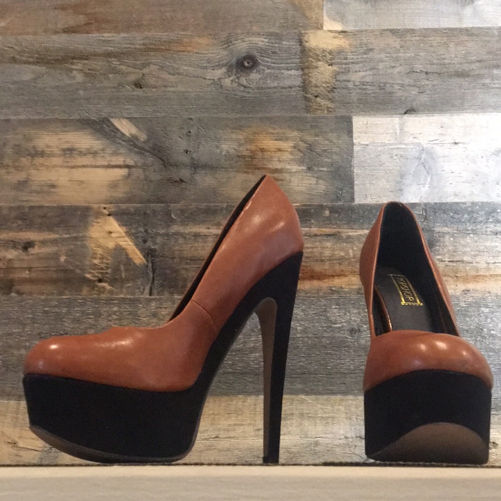 Top Shop size 38 brown leather platform black heel